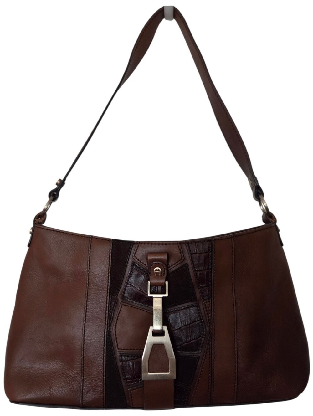 etienne aigner brown leather shoulder bag patchwork croc embossed hobo handbag